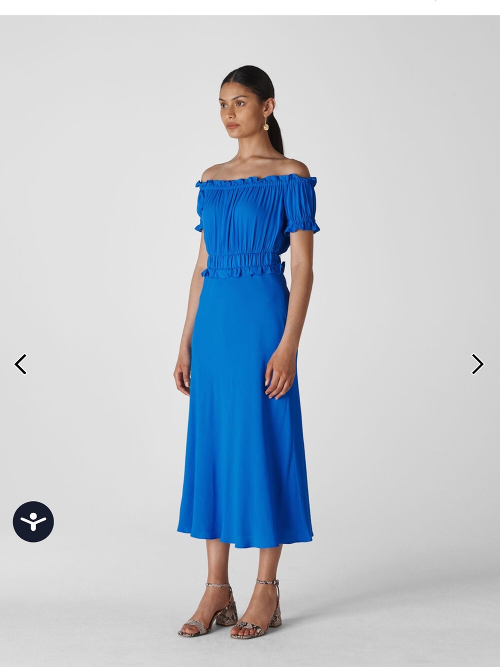 Whistles Blue Floren Shirred Bardot Dress